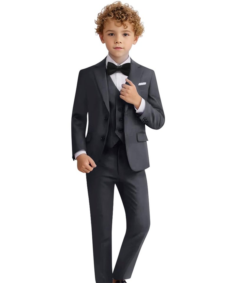 Addneo Suits for Boys,Slim Fit Suit Set Tuxedo 5 Pieces Little Boy Dark Gray Suit Size 2T - Image 1